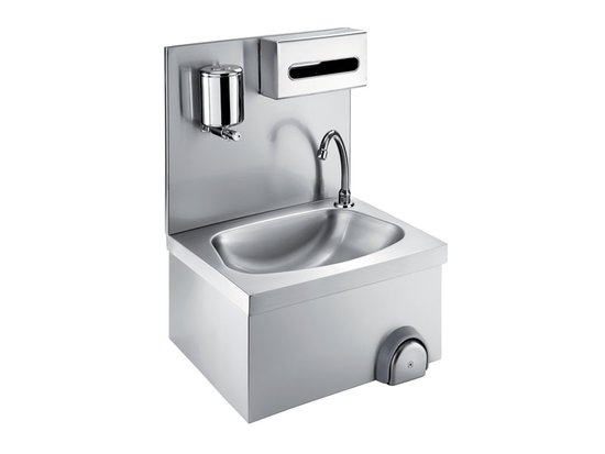 wall handwashing sink with knee control, soap and paper dispenser