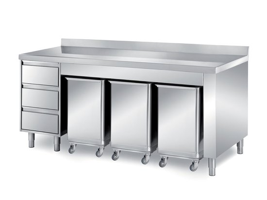 cabinet tables with 3 bins for ingredients and one 3-drawer unit