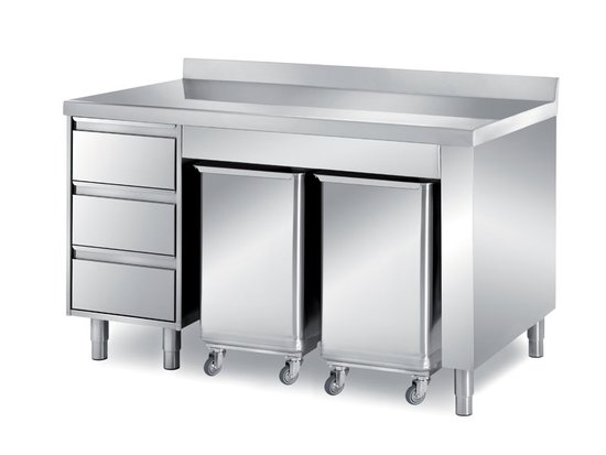 cabinet tables with 2 bins for ingredients and one 3-drawer unit