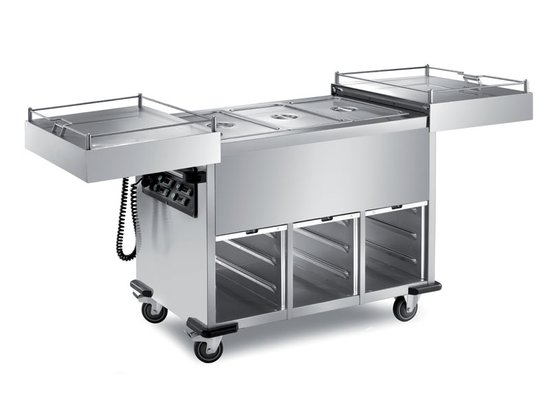 heated bain-marie trolley with separated basins and sliding lids