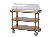 trolley for desserts, cheeses and starters with dome and 3 shelves, walnut colour