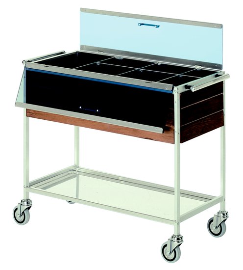 trolley for cutlery with frame in aluminium and compartments in stainless steel