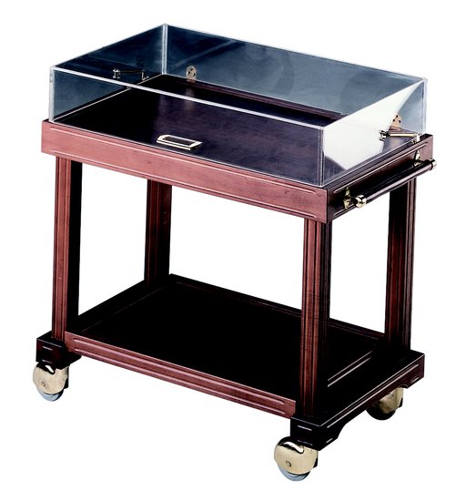 trolley for desserts, cheeses and starters with rectangular dome and 2 shelves