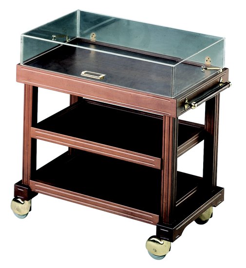 trolley for desserts, cheeses and starters with rectangular dome and 3 shelves