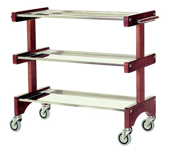 service trolley made in wood with 3 stainless steel shelves