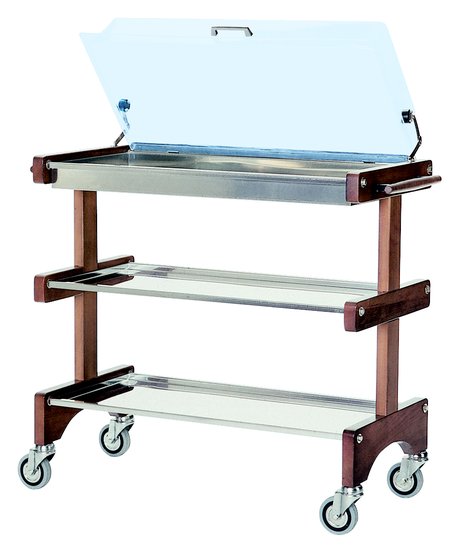 trolley made in wood with rectangular dome and 3 stainless steel shelves