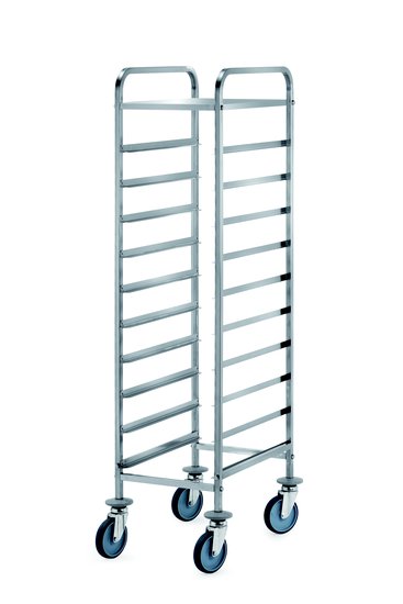 trolley for trays with upper shelf and railing cap. 10 trays