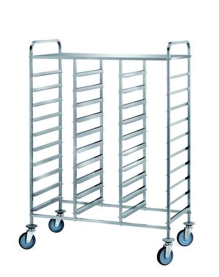 trolley for trays with upper shelf and railing cap. 30 trays