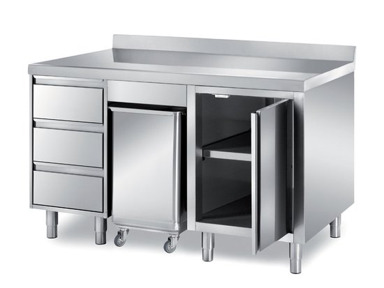 cabinet tables with 2 lateral swing doors, 1 central bin for ingredients, one 3-drawer unit