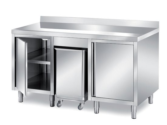 cabinet tables with 2 lateral swing doors and 1 central bin for ingredients