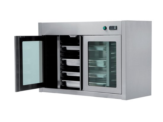 heated-ventilated wall cabinets with swing doors made of glass and stainless steel