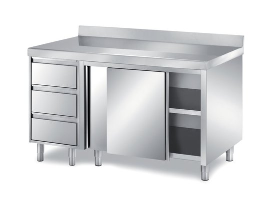 bakery cabinet tables with sliding doors, 3 drawer unit and backsplash