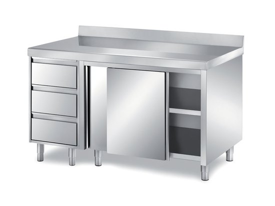 cabinet tables with slid.doors + 3-drawer unit gn1/1 and backsplash