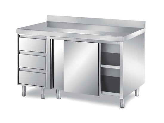 cabinet tables with slid doors + 3 drawer gn1/1- units w/backsplash depth 600