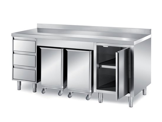 cabinet tables with 1 swing door, 2 central bins for ingredients and one 3-drawer unit